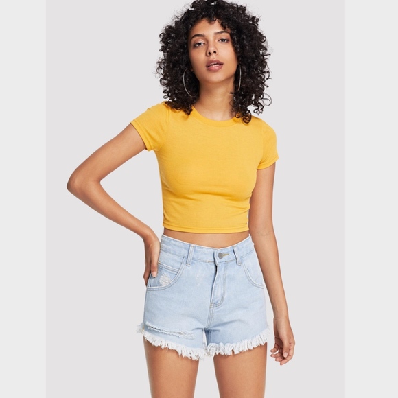 Raw Hem High Waisted Denim Shorts Light Blue Wash - Picture 3 of 6